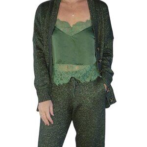 Zara Metallic Green & Gold Knit Casual Lounge Pants With Pockets Womens Size S